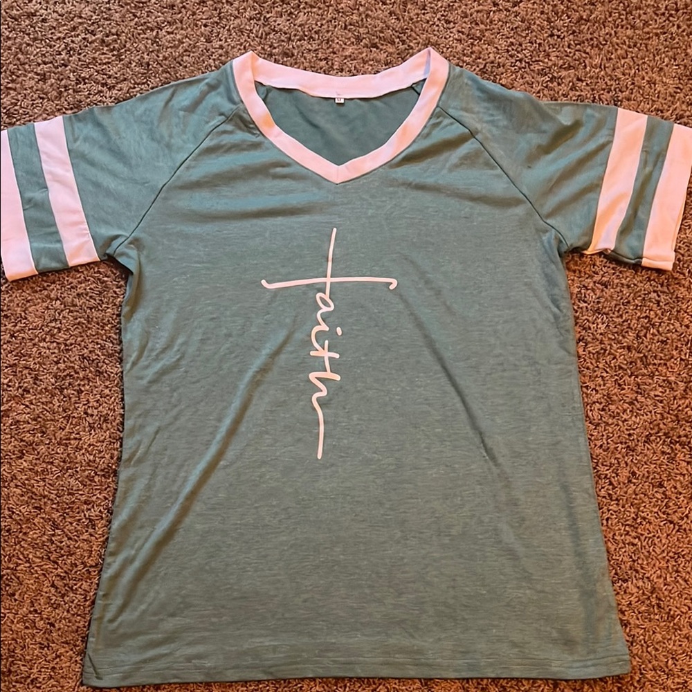 Green Kids V-Neck Shirt with Pink Stripes